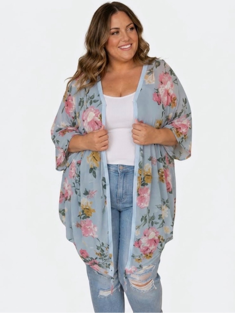 Haute FOX Light Blue Floral Kimono Cardigan - Size 3x